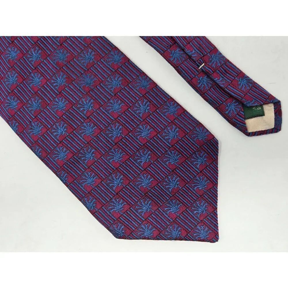 TOM JAMES SILK TIE RED BLUE CHECKER STRIPE PALM TREE WOVEN 4" X 58" HAND MADE